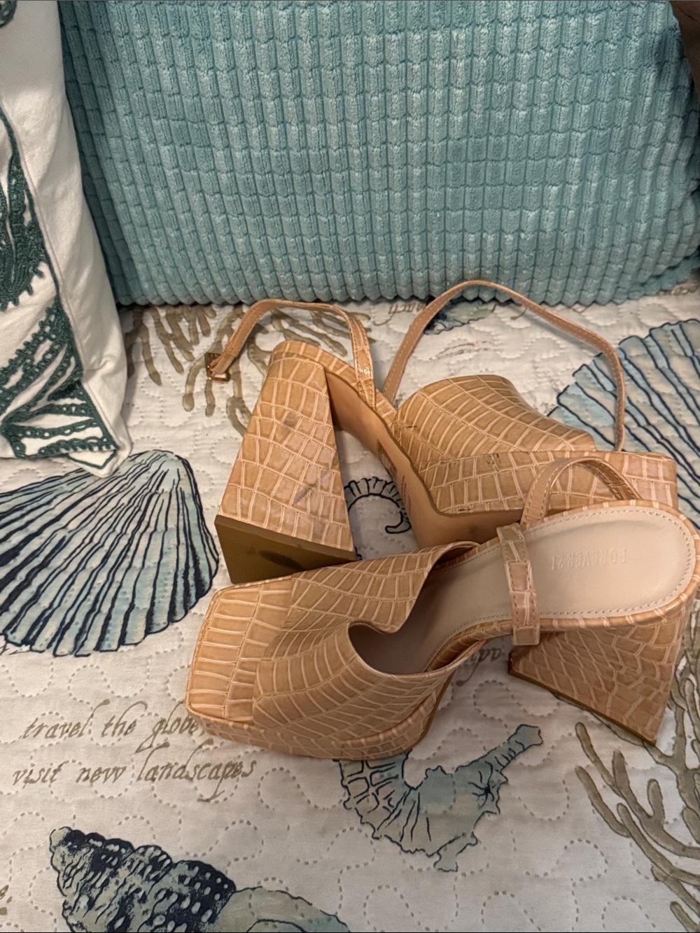 Forever 21 Croc-Embossed Tan Platform Slingback Heels